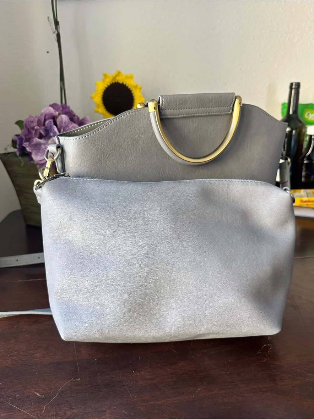Antik Kraft Light Gray Crossbody Bag with Gold Handle